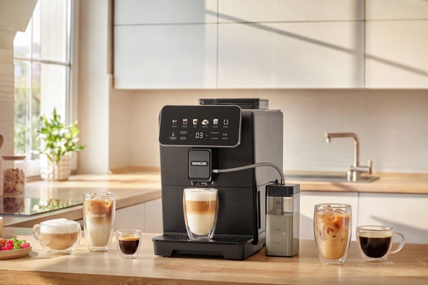 Automatický kávovar Sencor ENZO SES 9400BK Kávovar Sencor ENZO SES 9400BK šlehá bohatou pšnu na latte.