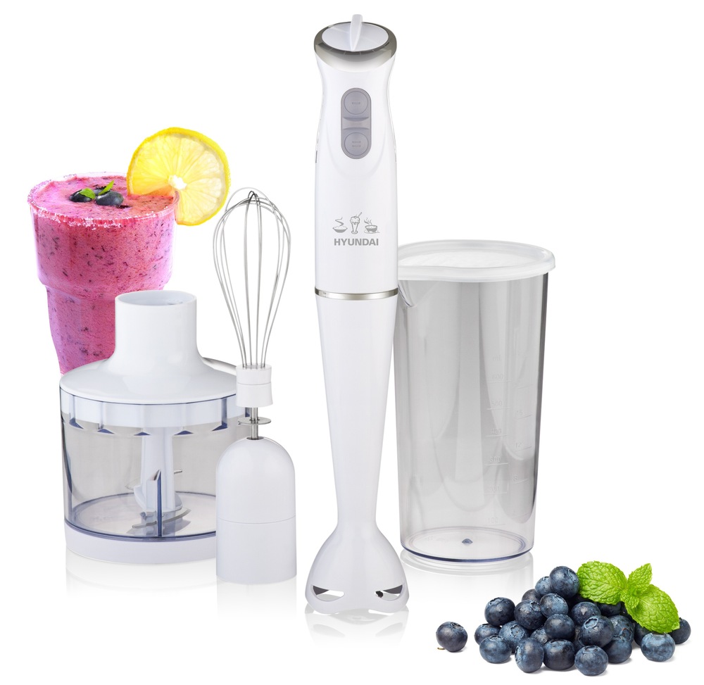Ponorný mixér Huyndai HB 983 s příslušenstvím – tyčový mixér, sekáček, metla, nádoba a smoothie s borůvkami