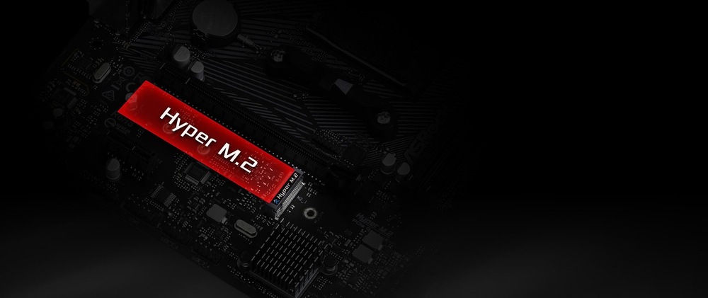 Základní deska ASRock B550M-HDV Detail základní desky počítače s červeně vyznačeným slotem Hyper M.2. Tmavé pozadí zdůrazňuje elegantní design modulu.