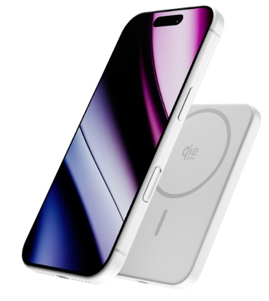 Powerbanka Epico UltraPack Qi2 25 W Slim 5 000 mAh EM55 přichycená k telefonu magnetem