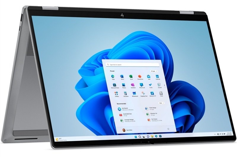 Otevřený a zapnutý notebook HP OmniBook X Flip AI v pozici stanu s Windows