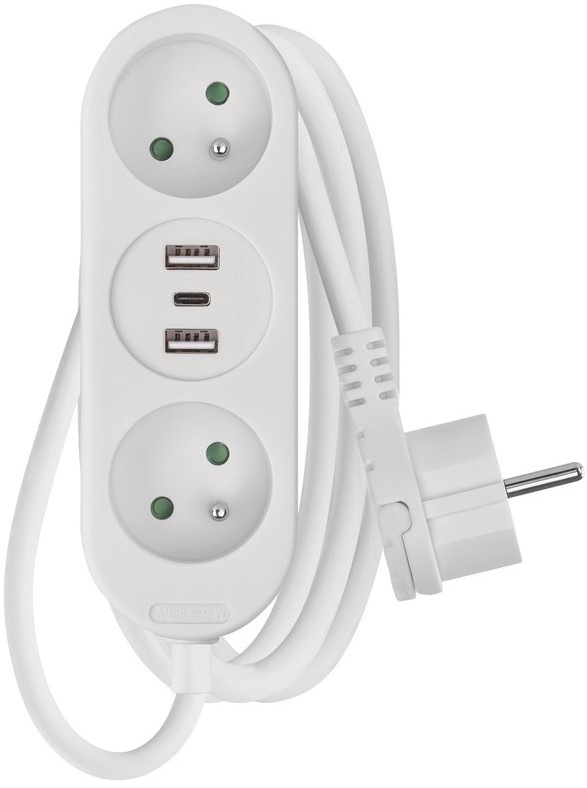 Kabel prodlužovací EMOS 2x zásuvka, 2×USB-A + 1×USB-C, 2m - bílý