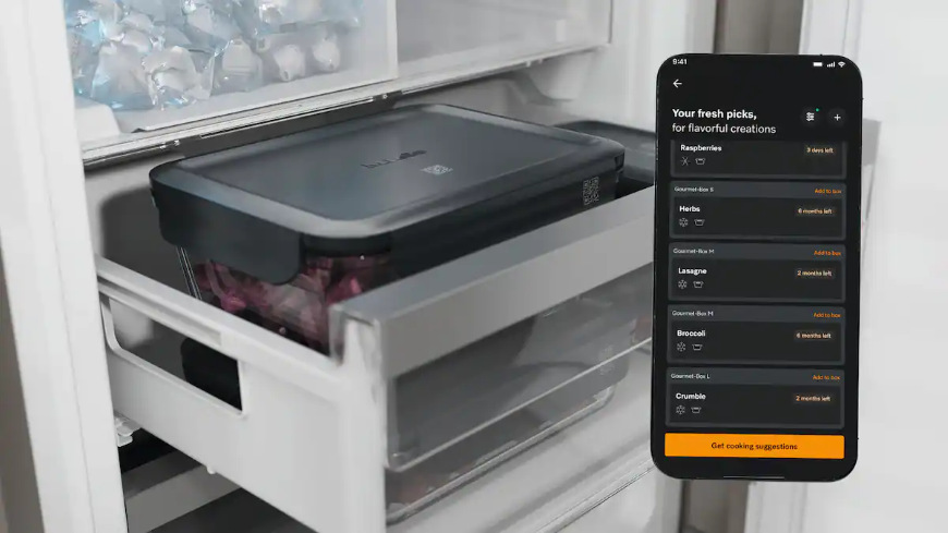Dóza na potraviny Miele Gourmet Box (velikost M) Miele Gourmet Boxy vložené do zásuvky lednice a aplikace miele v mobilu