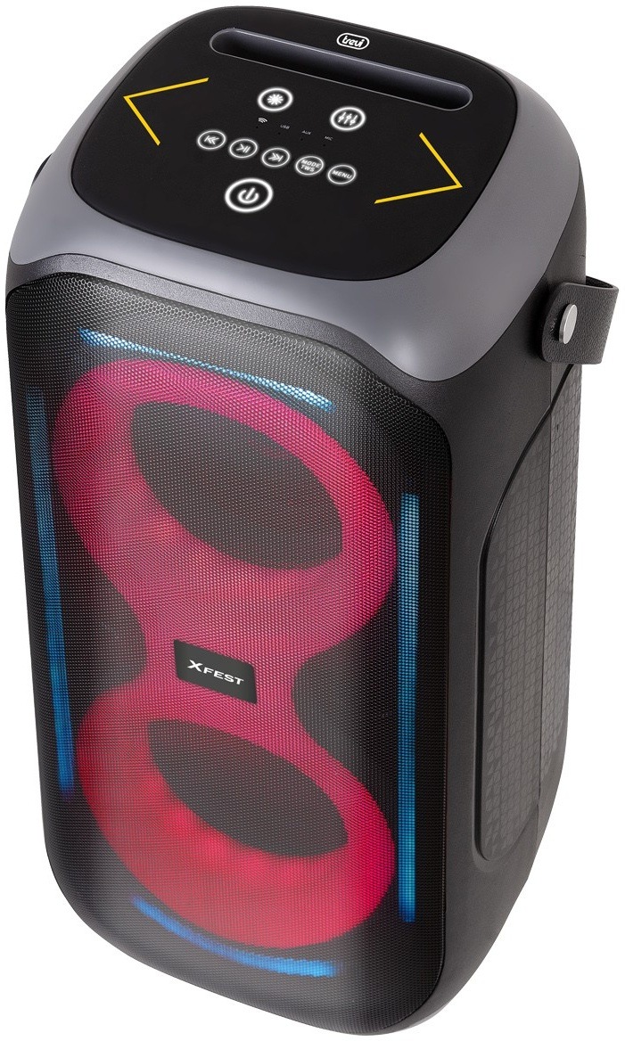 Party reproduktor Trevi XFM 225 W černý Horní ovládací panel reproduktoru Trevi XFest s tlačítky, USB slotem a vstupem pro mikrofon.