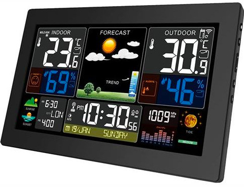 Meteorologická stanice Solight TE81XL černá Detail meteostanice Solight TE81XL-B s barevným displejem zobrazujícím teplotu a předpověď
