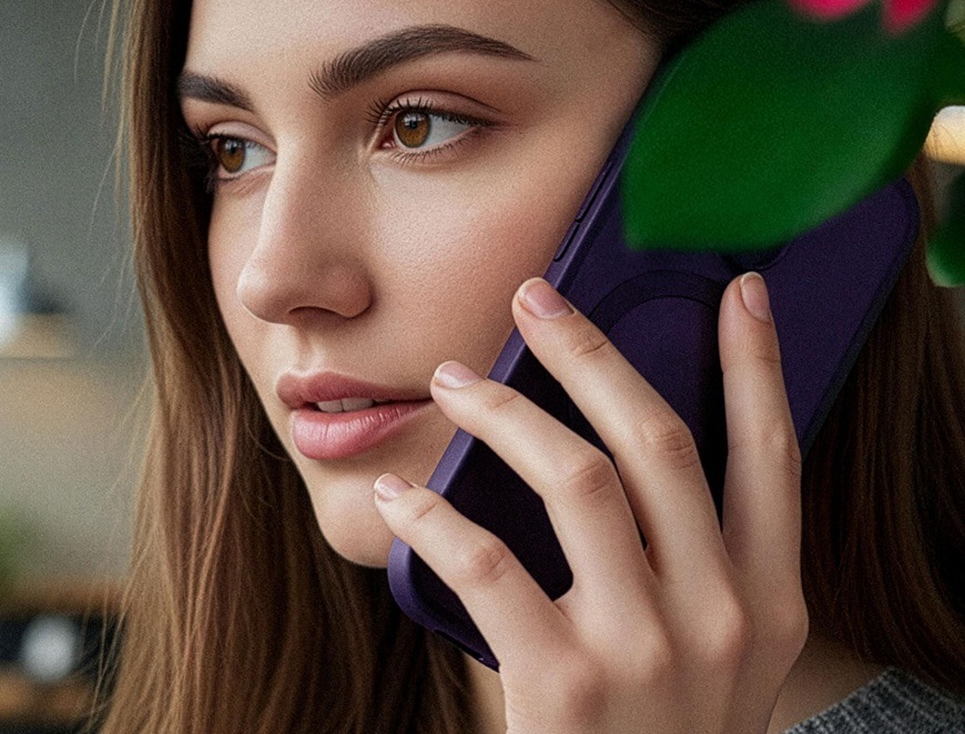 Žena drží u ucha Apple iPhone 16 Pro a na něm má fialový kryt 3mk Hardy Hazy MagCase