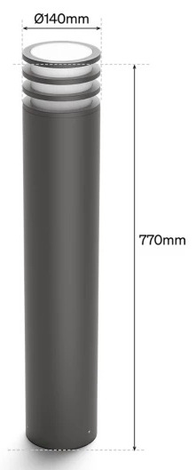 Venkovní svítidlo Philips Lucca Hue post 1xA60 WCA černé Rozměry sloupového svítidla Philips Lucca Hue s výškou 770 mm a průměrem 140 mm