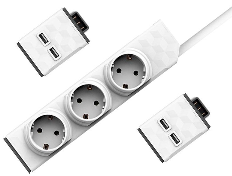 Kabel prodlužovací Powercube PowerStrip Modular Switch 1,5m + 2x USB modul bílý