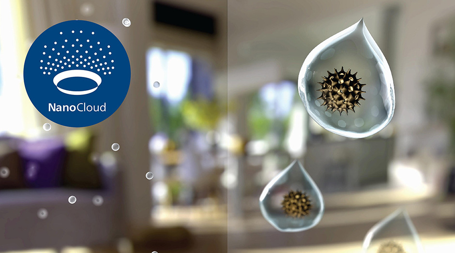 Technologie NanoCloud a kapky ve vzduchu znázorňující viry v ovzduší
