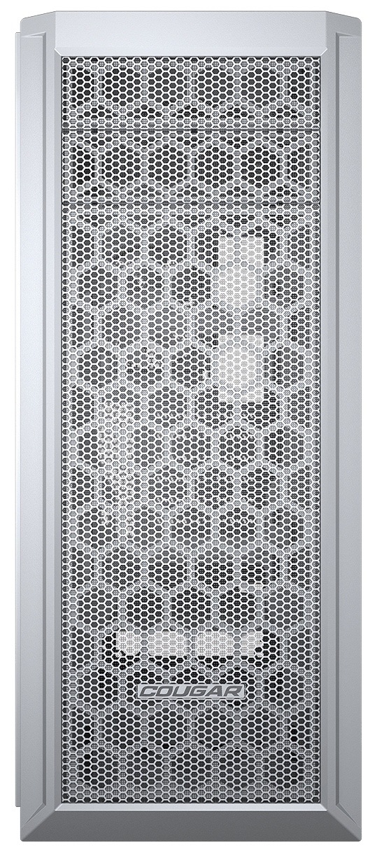 Z předního pohledu je vidět bílý čelní panel s jemnou perforací (mesh) po většině plochy pro nasávání vzduchu. Předek působí čistě a minimalisticky, bez výrazných ozdob, s nenápadným logem dole.