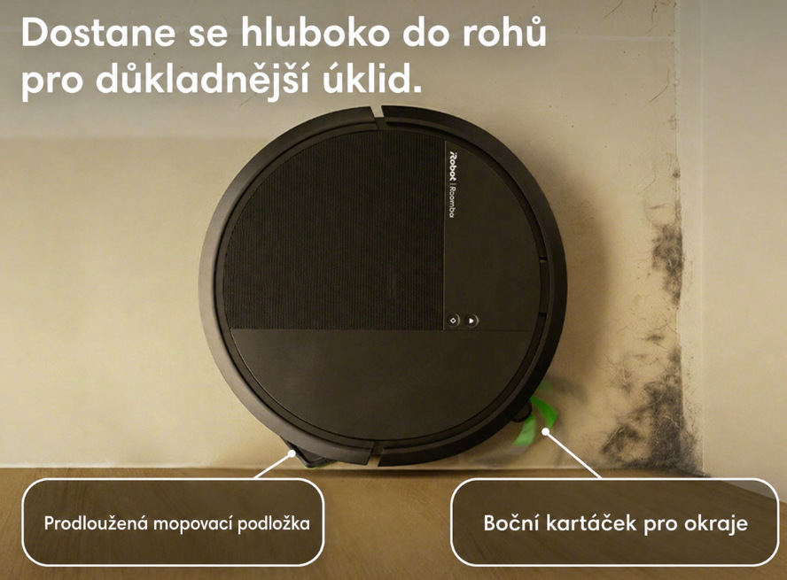 Prodloužená mopovací podložka a boční kartáček uklízejí podlahu v rohu místnosti