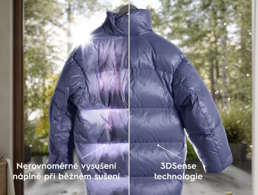 Sušička prádla Electrolux série 800 EW8D595RCDC ocel Vlevo péřová bunda sušená v běžné sušičce – není nadýchaná, je pomačkaná. Vpravo péřová bunda sušená v sušičce Electrolux s technologií 3DSense – krásně nadýchaná a zachovala si svůj tvar.
