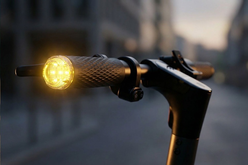 Elektrická koloběžka Sencor SCOOTER S25 černá Detail řídítek elektrické koloběžky Sencor s rozsvíceným předním LED světlem během jízdy za šera. Silné světlo zajišťuje dobrou viditelnost a bezpečnost v městském provozu.