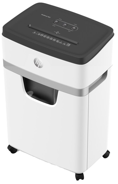 Skartovač HP OneShred 18CC bílý kancelářský skartovač dokumentů na kolečkách s vysouvacím košem