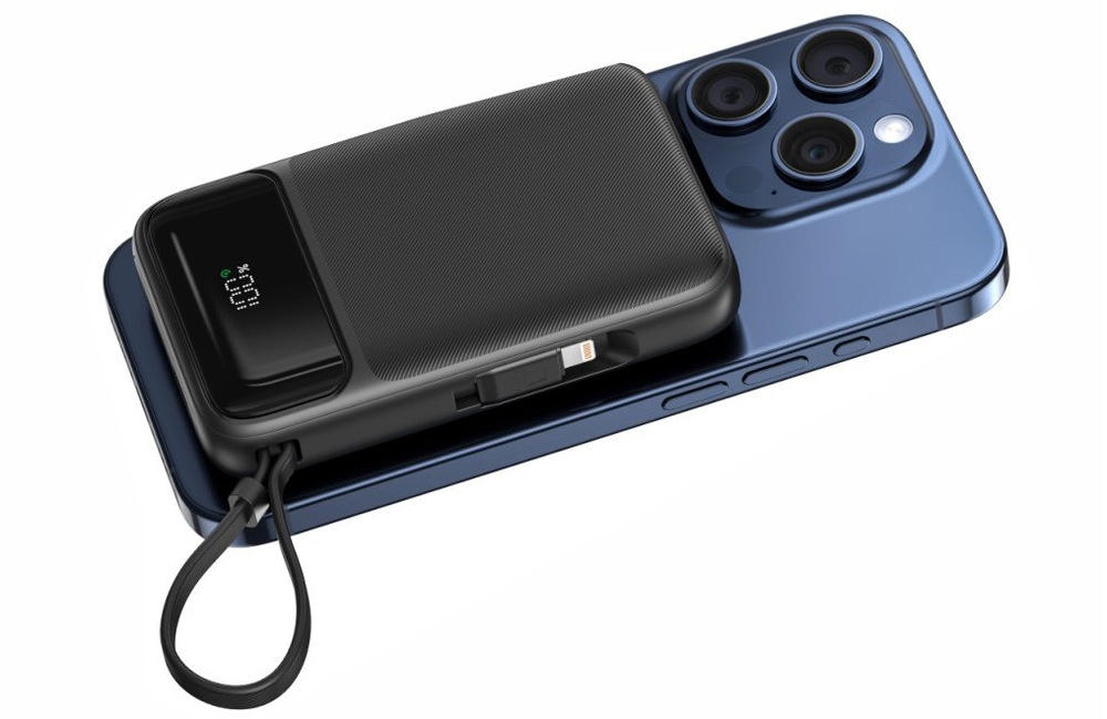 Powerbanka Swissten 10000 mAh, PD 20W s integrovanými kabely USB-C a Lightning (kompatibilní s MagSafe) černá Powerbanka Swissten 10000 mAh, PD 20W s integrovanými kabely USB-C a Lightning (kompatibilní s MagSafe) černá