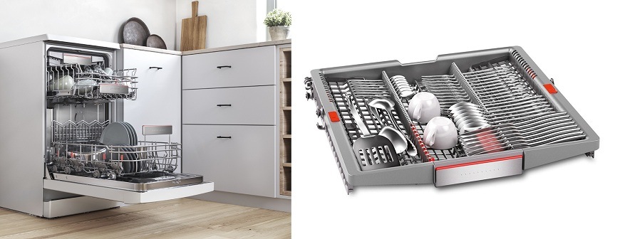 Otevřená myčka Bosch SPV6EMX09E, flexibilní koše VarioFlex Pro a příborová zásuvka