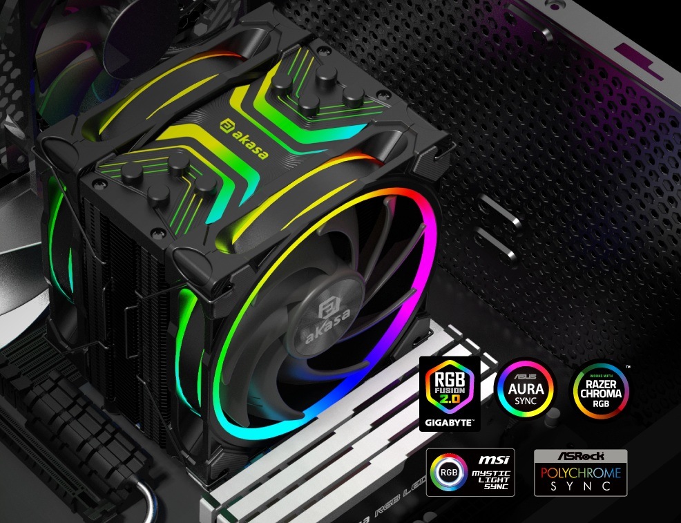 Chladič CPU AKASA H4 Plus + SOHO AR12 Reverse Blade Fan černý AKASA H4 Plus + SOHO AR12 Reverse Blade Fan nabízí působiví ARGB osvětlení