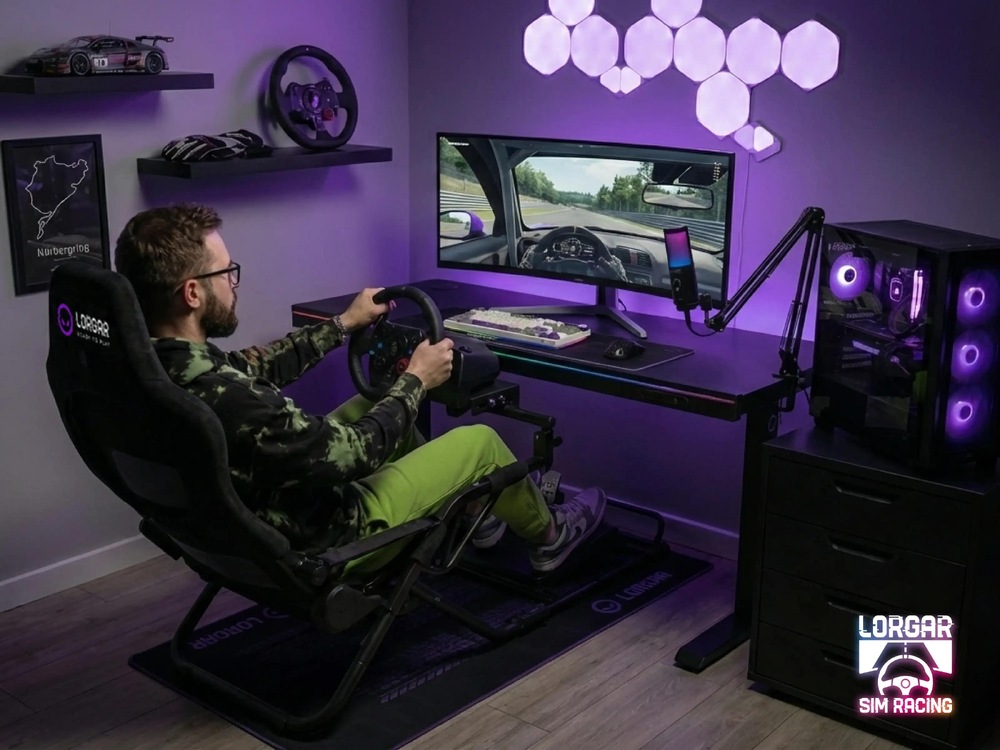 Sim-racingová sestava osvětlená fialovým světlem s řidičem, ultraširokoúhlým monitorem, herním PC s RGB podsvícením, mikrofonem, policemi a šestiúhelníkovými nástěnnými světly.