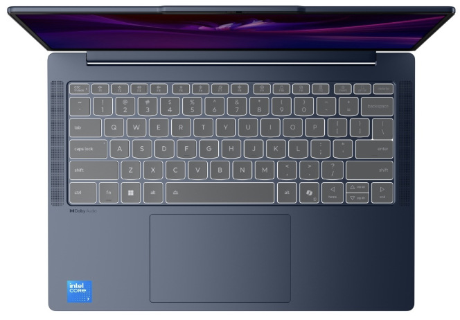 Notebook Lenovo IdeaPad Slim 5 14AKP10 modrý Pohled shora na klávesnici a vícedotykový touchpad notebooku Lenovo IdeaPad Slim 5