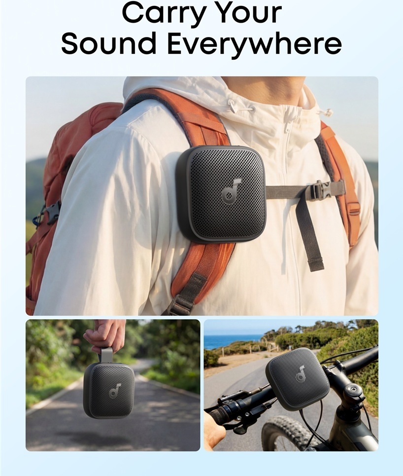 Přenosný reproduktor Anker Soundcore Boom Go 3i černý Detail upevnění reproduktoru na popruh od batohu, řídítka i pohodlné zavěšení na ruku