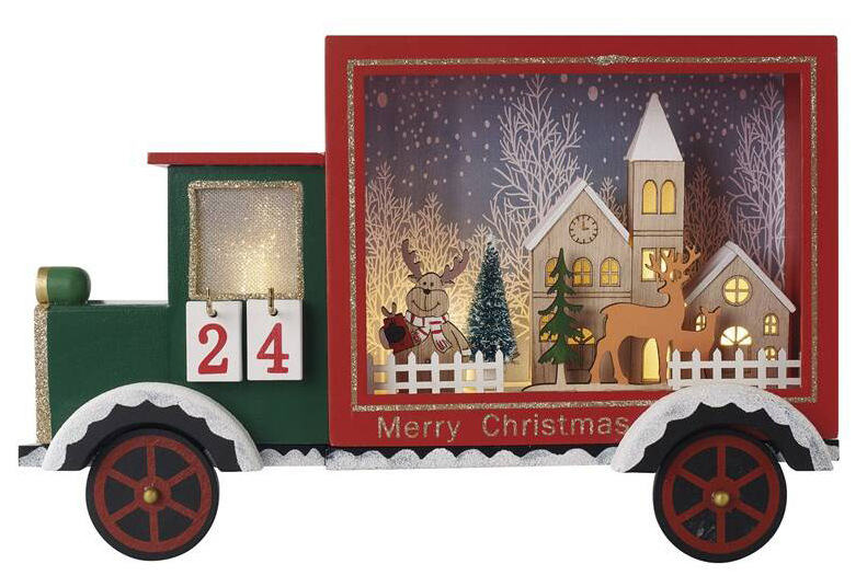LED dekorace EMOS 12 LED dřevěné auto, 20 × 30,5 cm, 2x AA, vnitřní, teplá bílá