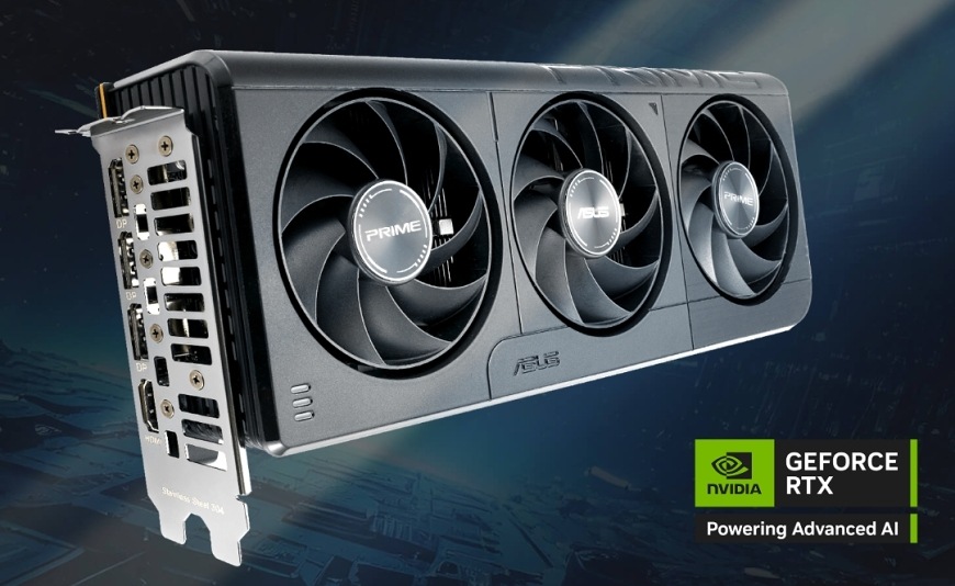 Grafická karta Asus PRIME GeForce RTX 5060 8GB OC černý Asus Prime GeForce RTX 5060 OC 8G prezentovaná v herním prostředí s logem NVIDIA GeForce RTX Powering Advanced AI