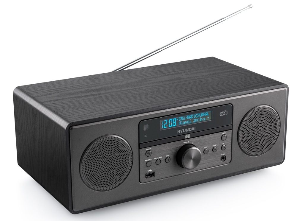 Celkový pohled na digitální rádio a mikrosystém Hyundai MSD505DAB v černém dřevěném dekoru s teleskopickou anténou a LCD displejem