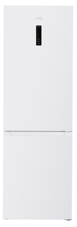 Čelní pohled na bílou kombinovanou lednici ETA 235590000DN s objemem 400 l, dotykovým LED displejem a beznámrazovou technologií No Frost s ADAPT+