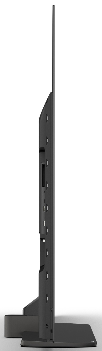 Televize Philips 65OLED811 Boční profil ultratenkého televizoru Philips OLED811 na tmavém stojanu.