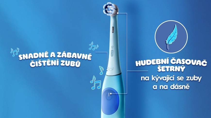 Zubní kartáček Oral-B iO Kids 6+ Stitch + Cestovní Pouzdro modrý Detailní záběr na horní část zubního kartáčku se třemi režimy čištění.