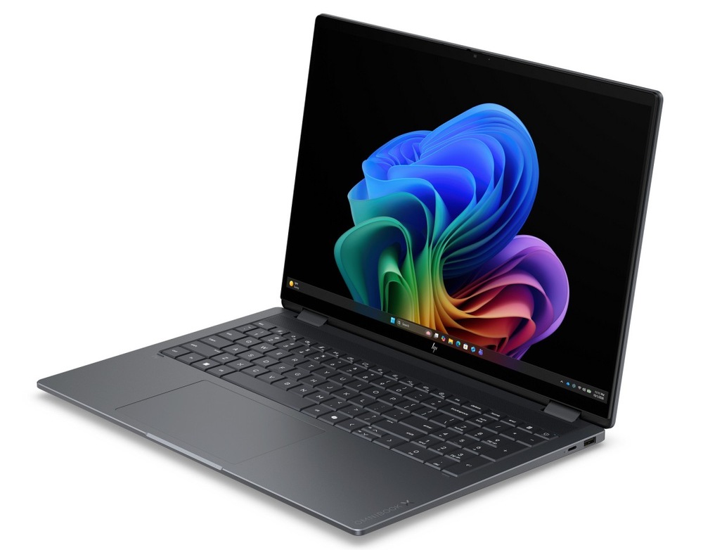 Notebook HP OmniBook X Flip AI 16-cb0071ncx + Game Pass předplatné na 2 měsíce šedý Otevřený a zapnutý notebook HP OmniBook X Flip AI PC 16-cb0070ncx otočený doleva