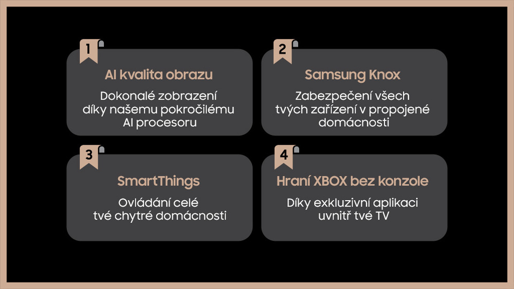 Výčet výhod televize Samsung: AI kvalita obrazu, Samsung Knox, SmartThings, hraní Xbox bez konzole