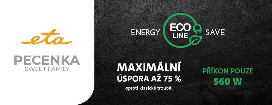 Informační banner ETA Pečenka Sweet Family: Maximální úspora energie až 75 % oproti klasické troubě při nízkém příkonu pouze 560 W