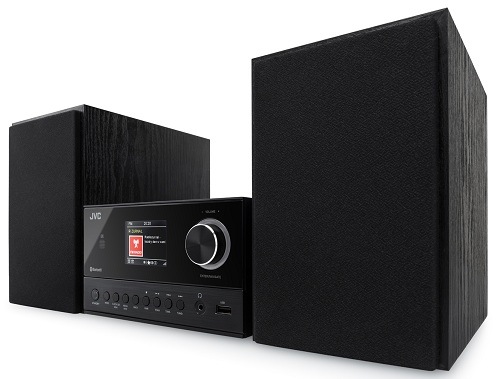 Moderní mikrosystém JVC UX-E225B v elegantním černém provedení s LCD displejem, ovládacím knoflíkem a USB vstupem, doplněný o dva stereo reproduktory