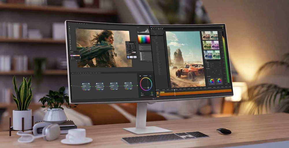 Dvě okna na jednom monitoru zobrazují software pro střih videa s živými obrazy ženy a auta v poušti. Scéna působí kreativně a dynamicky.