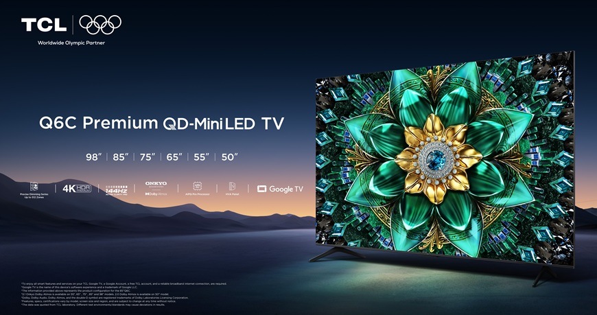 Televize TCL 50Q6C Premium QD-Mini LED 4K se systémem Google TV, obnovovací frekvencí až 144 Hz a technologií QD-Mini LED pro špičkový obraz.