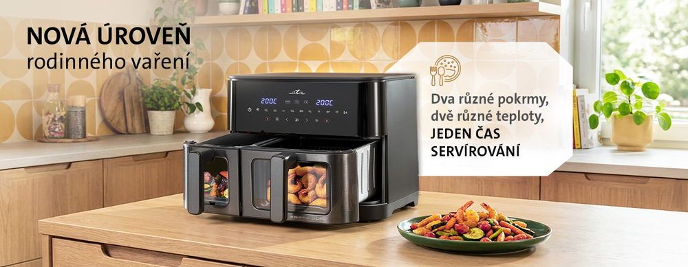 Fritéza horkovzdušná ETA Fritta Dual 3167 90000 černá Černá dvouzónová horkovzdušná fritéza ETA na kuchyňském ostrůvku s texty „Nová úroveň rodinného vaření“ a „Dva různé pokrmy, dvě různé teploty, JEDEN ČAS SERVÍROVÁNÍ“.