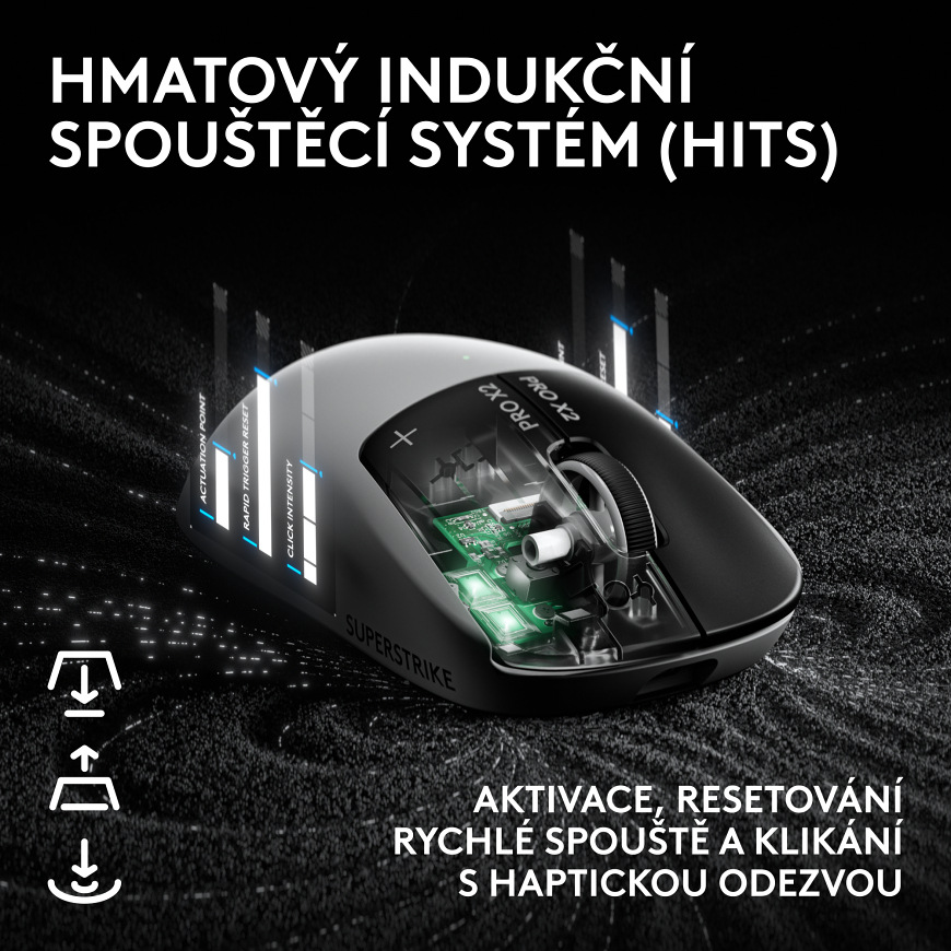 Myš Logitech G PRO X 2 Superstrike bílá Detail myši s průhledným pohledem na vnitřní konstrukci a hmatový indukční spouštěcí systém HITS