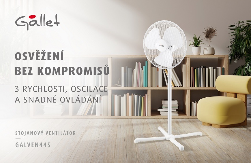 Ventilátor stojanový Gallet Blizzard VEN44S bílý Bílý stojanový ventilátor Gallet GALVEN44S umístěný v moderním obývacím pokoji s knihovnou a žlutým křeslem. Dominantní nápis slibuje „Chladný vánek do každého koutu“. Odražené body vyzdvihují výkonné ochlazení pro celou místnost