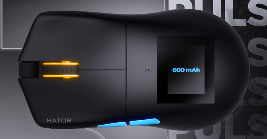 Myš HATOR Pulsar 3 PRO černá Průhledová vizualizace baterie s označením 600 mAh uvnitř HATOR Pulsar 3 Pro Wireless