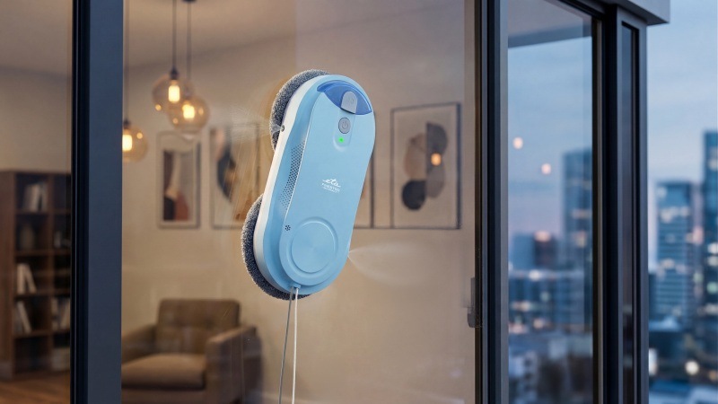 Robotický čistič oken ETA Finestro Smart čistí s ultrasonickým rozprašováním velké okno v moderním interiéru