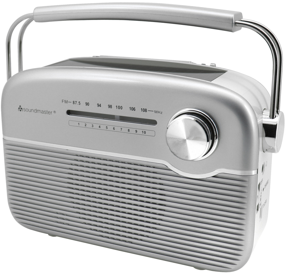 Radiopřijímač Soundmaster TR480SI stříbrný/bílý Retro přenosné rádio Soundmaster TR480SI, stříbrná barva, pohled z boku se stupnicí FM a ovládacím knoflíkem.