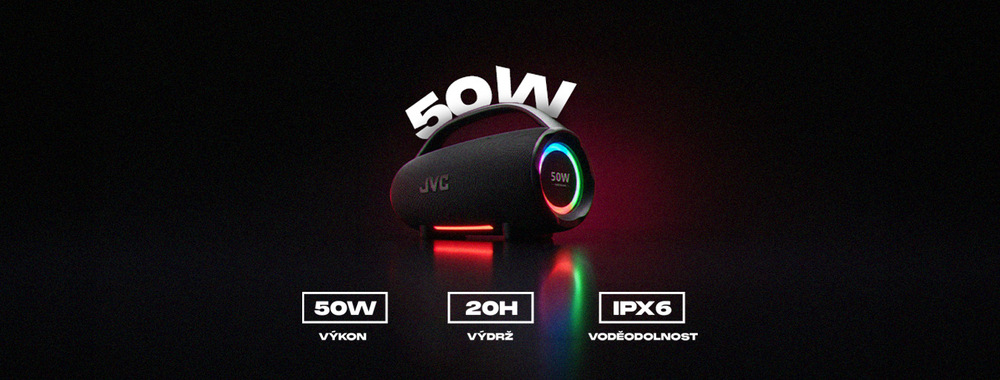 Přenosný reproduktor JVC XS-E524B černý Přenosný Bluetooth reproduktor JVC s podsvícením. Hlavní vlastnosti: výkon 50W, výdrž baterie až 20 hodin a voděodolnost krytí IPX6.