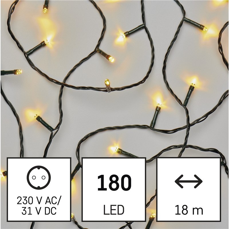 LED řetěz EMOS 180LED řetěz, 18 m, venkovní i vnitřní, teplá bílá, programy, časovač