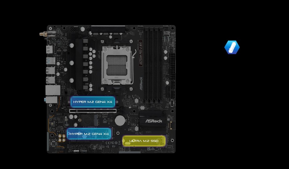 Základní deska ASRock A620AM PRO-A WIFI černá Základní deska ASRock s označenými sloty Hyper M.2 a Ultra M.2 SSD na černém pozadí.