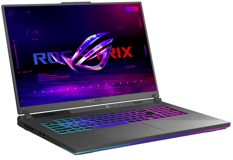 Notebook Asus ROG Strix G18 z levého úhlu s RGB klávesnicí a osvětlením přední hrany