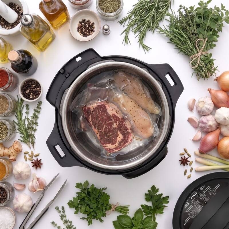Multifunkční tlakový hrnec Tesla EliteCook K70 Ultra černý Pohled zhora na otevřený hrnec TESLA EliteCook se zavakuovaným masem připraveným pro sous-vide.