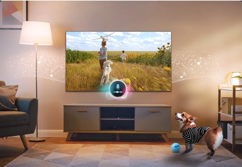 Televize Samsung QE85QN80F Pes v obývacím pokoji u tv - funkce detekce štěkání a jiných zvuků