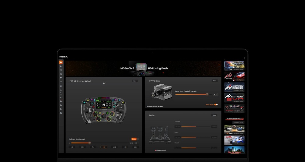 Základna Moza Racing R9 V3 (PC) hliník Záběr na uživatelské rozhraní programu Moza Pit House.