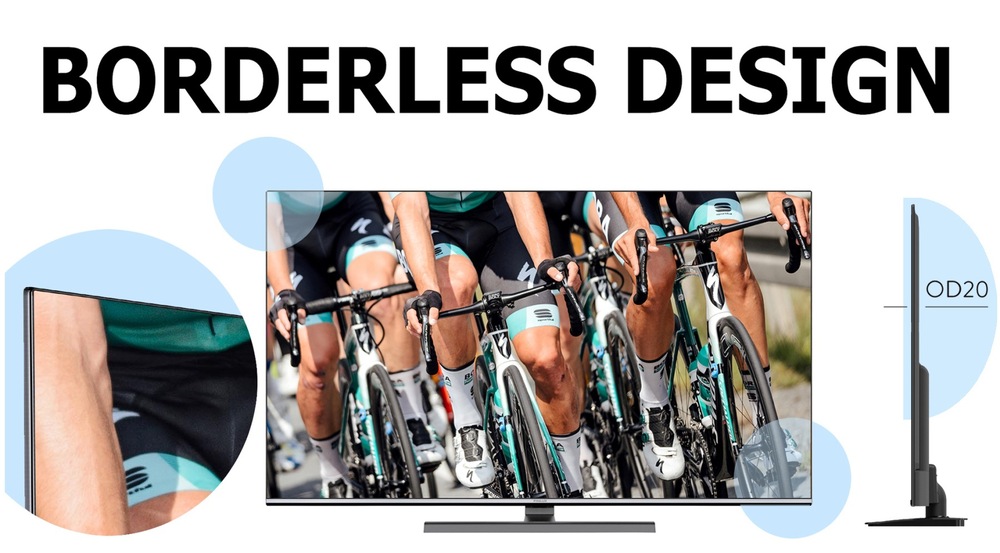 Nápis Borderless design, televize Finlux se záběrem cyklistického závodu, vlevo je detail bezrámečkového designu v kolečku, vpravo je televize Finlux při pohledu z boku